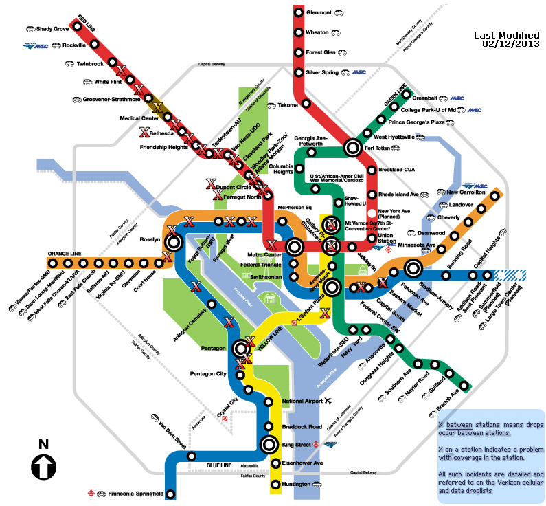 (pre-dating the 'RUSH' peak-hour congestion mitigation program of June 2012) This map indicates stations and tunneling between stations for both Verizon Wireless cellular and/or Verizon Wireless dat








a service interruptions, drops and/or poor coverage. Updated regularly; further details are available at www.wirelessnotes.org.