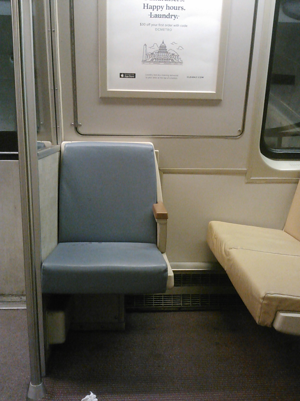 WMATA/DC Metro 1000-series (Car 1536?) single seat with arm-rest, 
providing more seating space than newer model cars, especially the 7000 
series. For further details, please visit www.wirelessnotes.org.